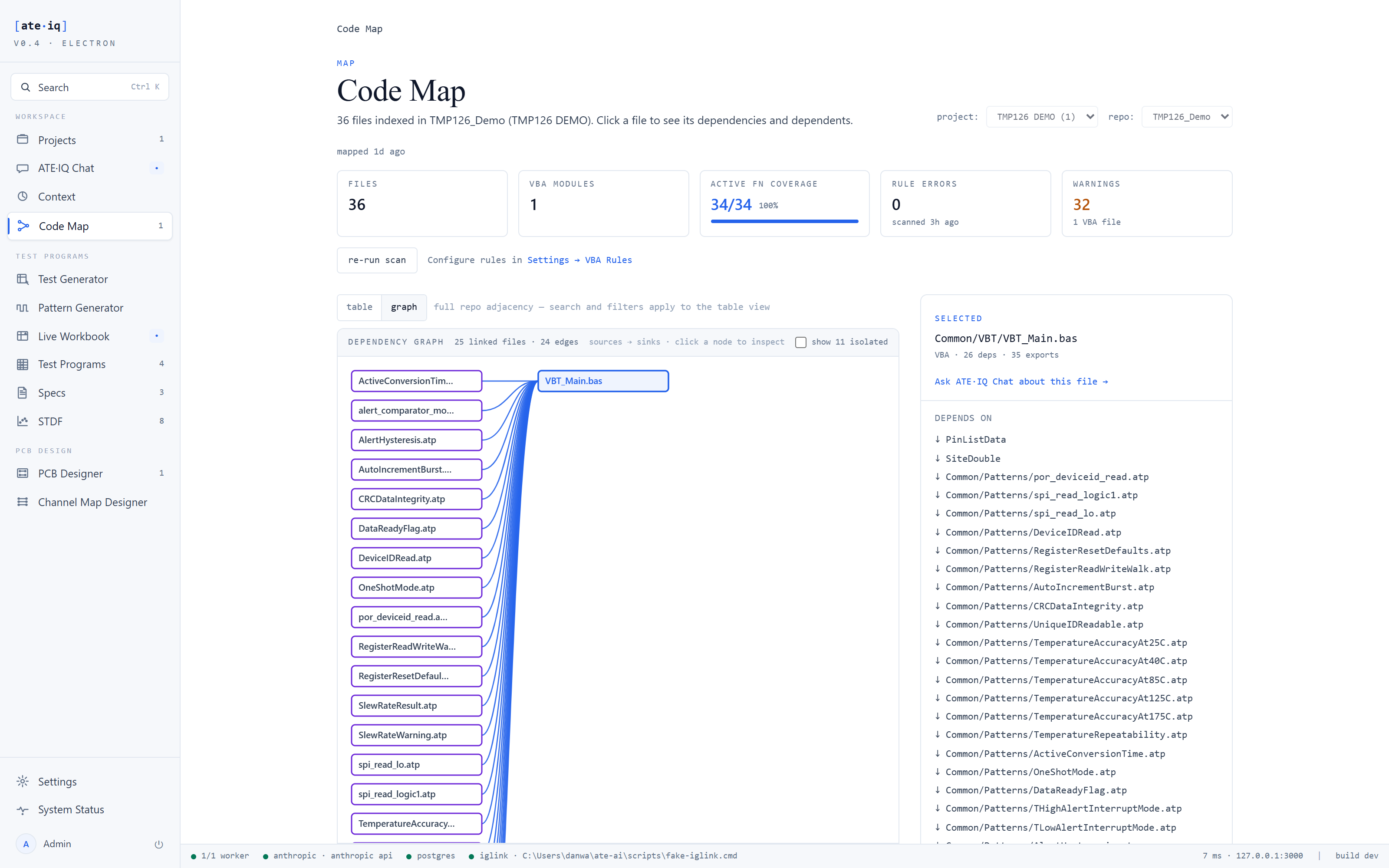 Dependency graph view: pattern files fanning into VBT_Main