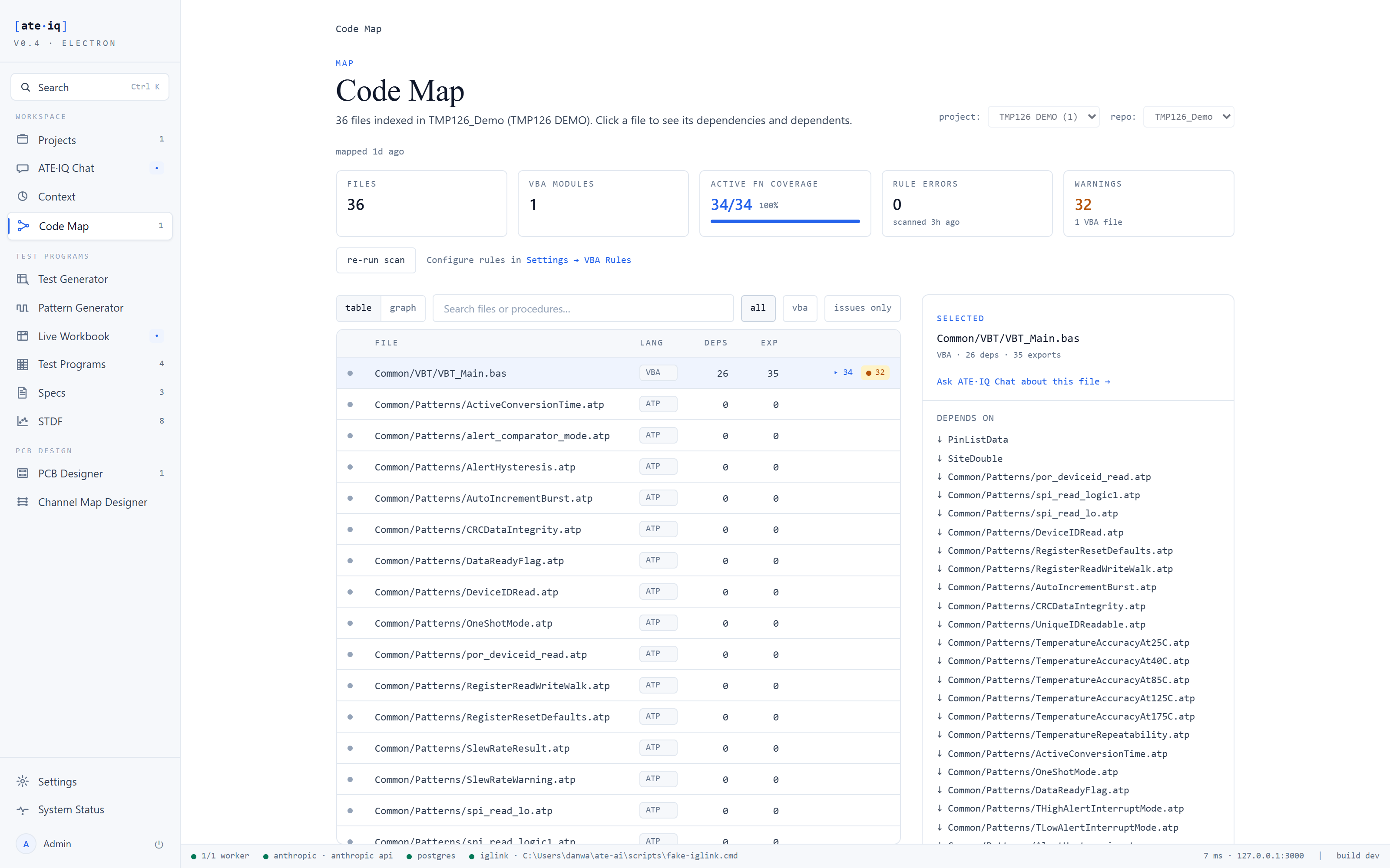 Code Map file table with VBT_Main.bas selected
