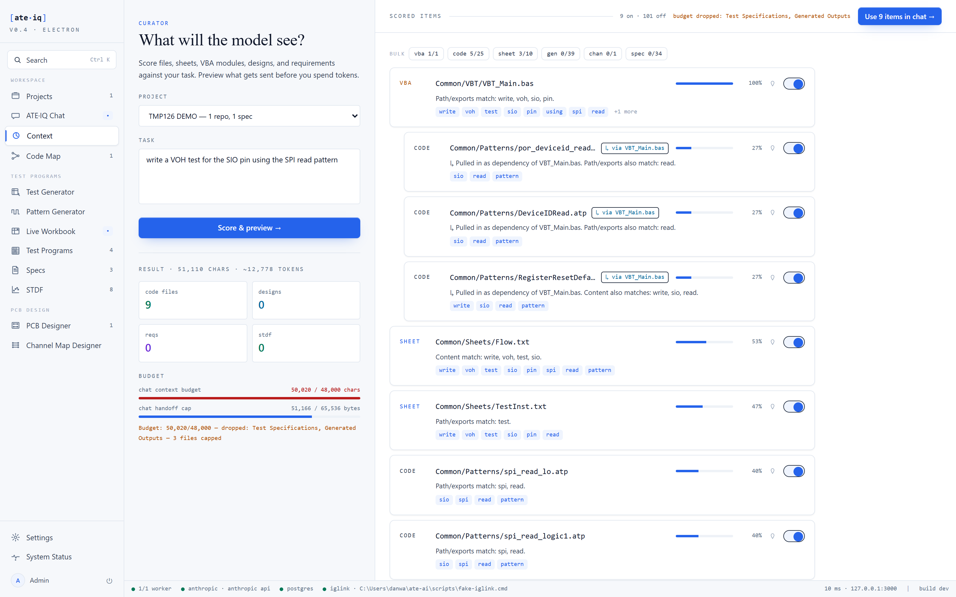 Context Curator scored items for a VOH/SIO task