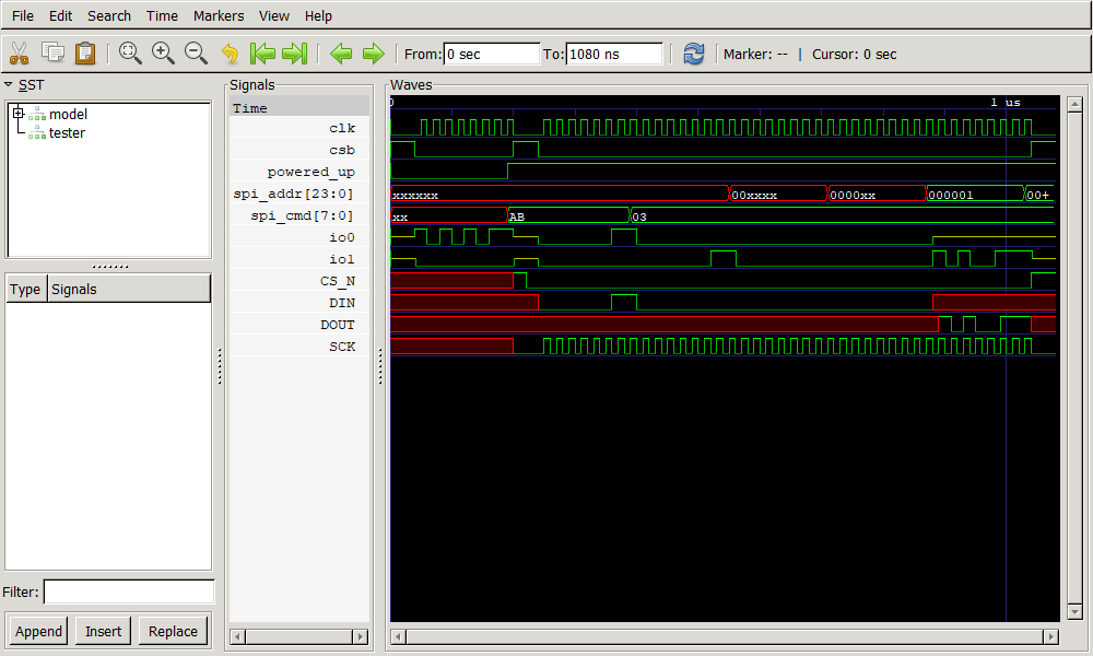 GTKWave showing the tester pattern scope and the RTL simulator's own capture aligned on one time axis