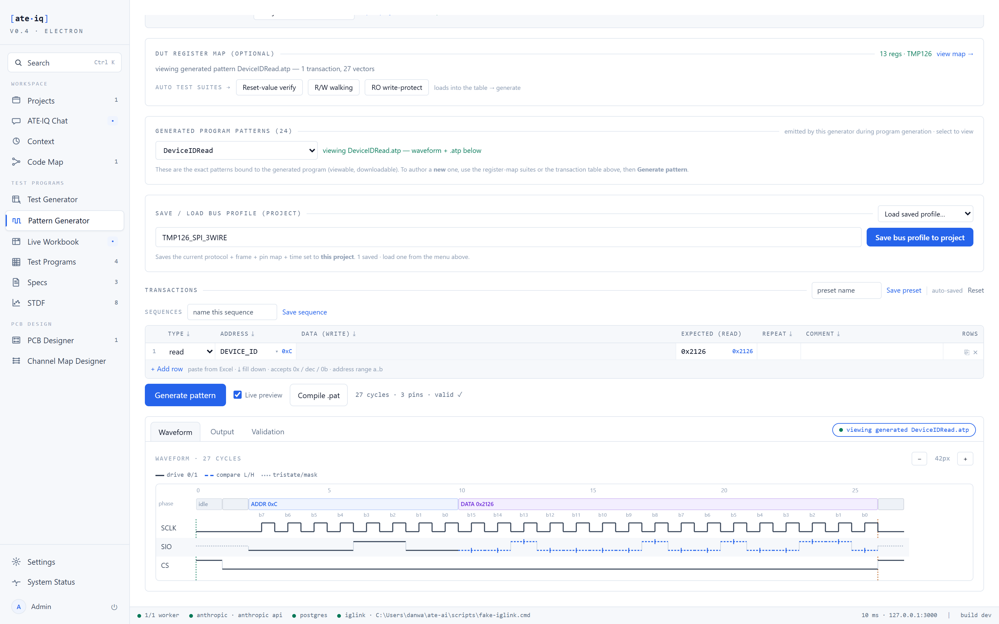 Pattern Generator workspace: transaction table, generate controls and the waveform panel