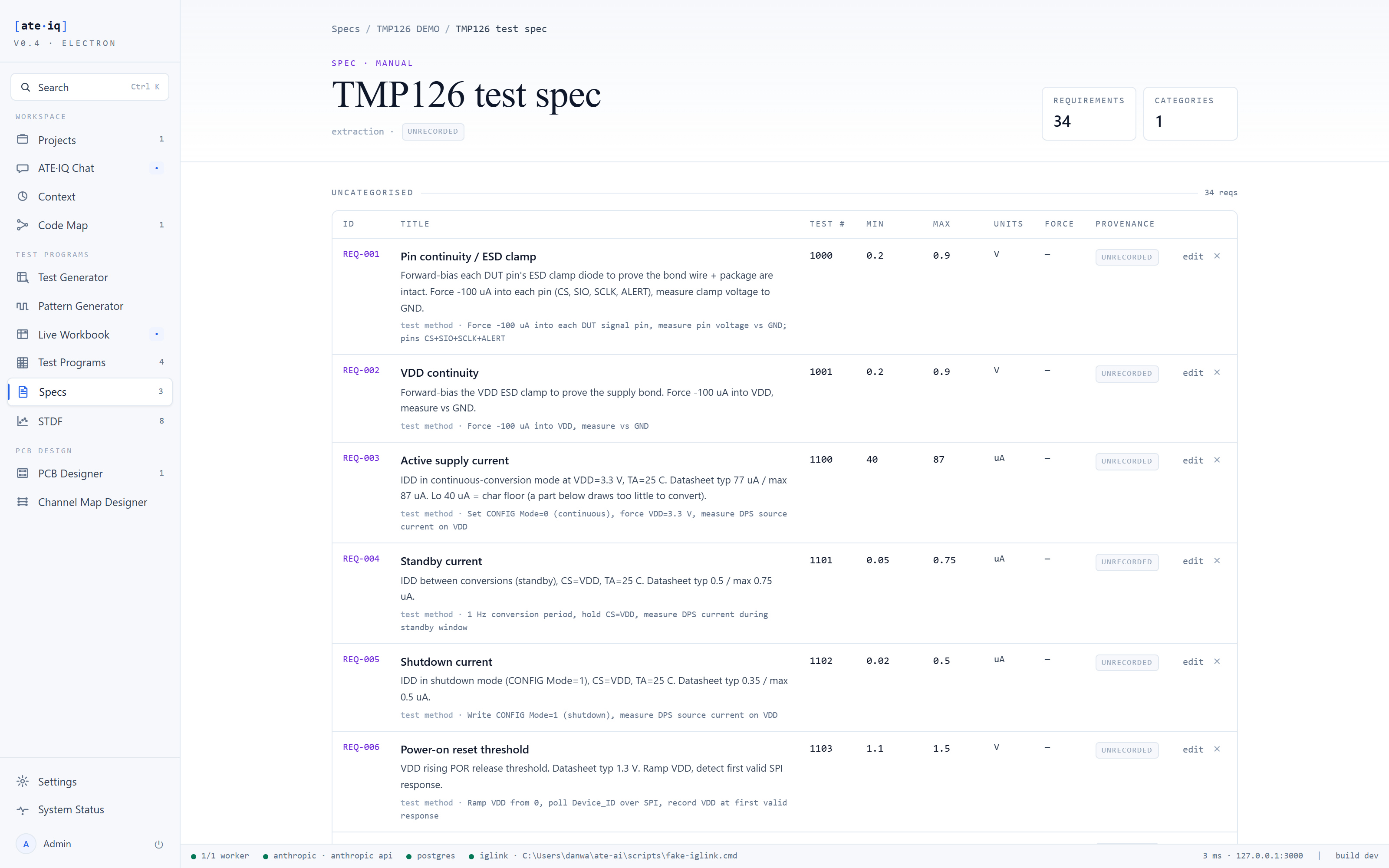 Spec detail page showing the TMP126 requirement table