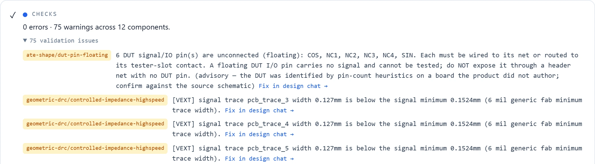 Geometric DRC findings on the Allegro board: traces measured at 0.127 mm against a 0.1524 mm minimum, each naming its rule